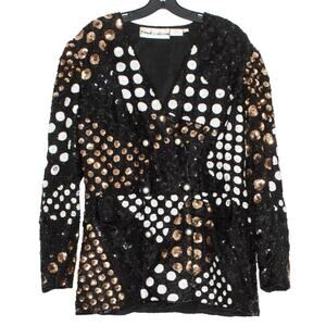 French Collizioni Vintage Jacket Sequin Beaded Silk Glam Statement Black Large